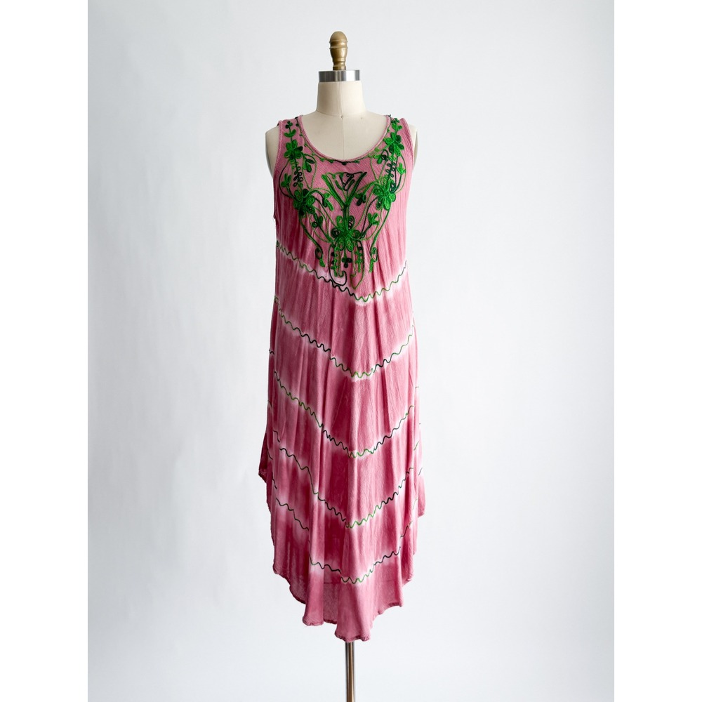 Seven‎ Islands Midi Dress Boho Embroidered Tie Dye Pink Handkerchief Sleeveless